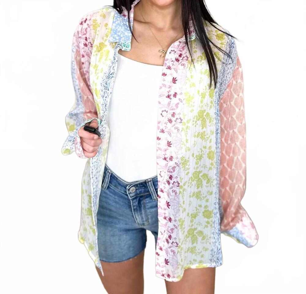 NEW EASEL mixed signals sheer long sleeve button up top in multi